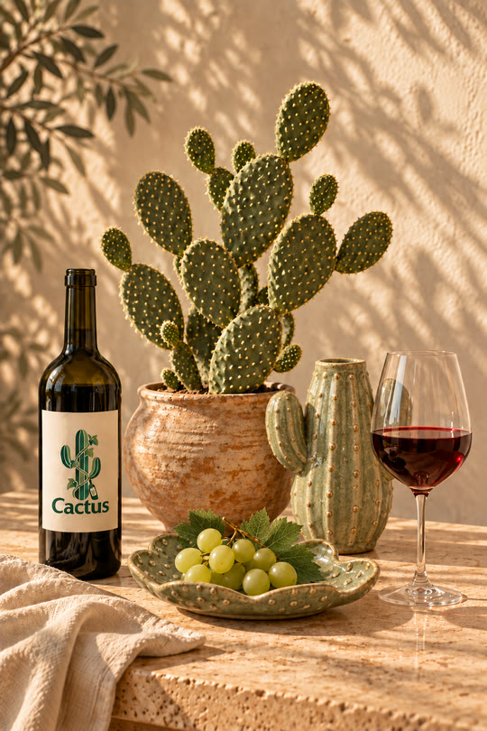 Натюрморт: опунция в глинена саксия, бутилка с етикет Cactus, чаша червено вино, керамична ваза кактус и плато със зелено грозде
